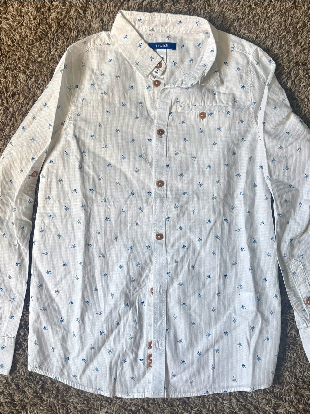 Okaidi White Button-Down Shirt with Blue Palm Print